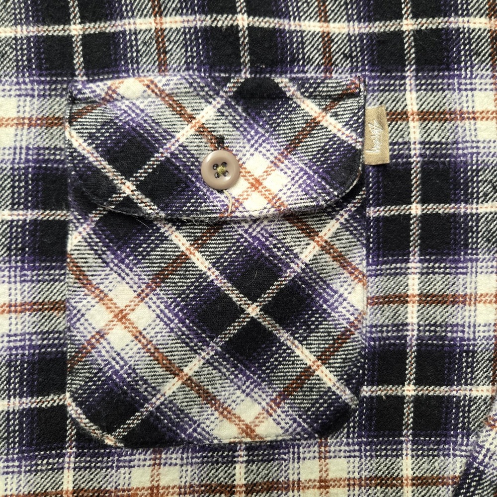 Stussy Vintage Mens Large Purple Black Plaid Flannel Button Down Long Sleeve 90s - Picture 5 of 13